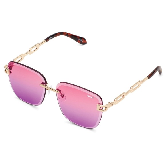 QUAY No Cap Sunglasses Gold Frame Pink Coral Fade Lens Oversized Rimless Chain - Picture 15 of 15